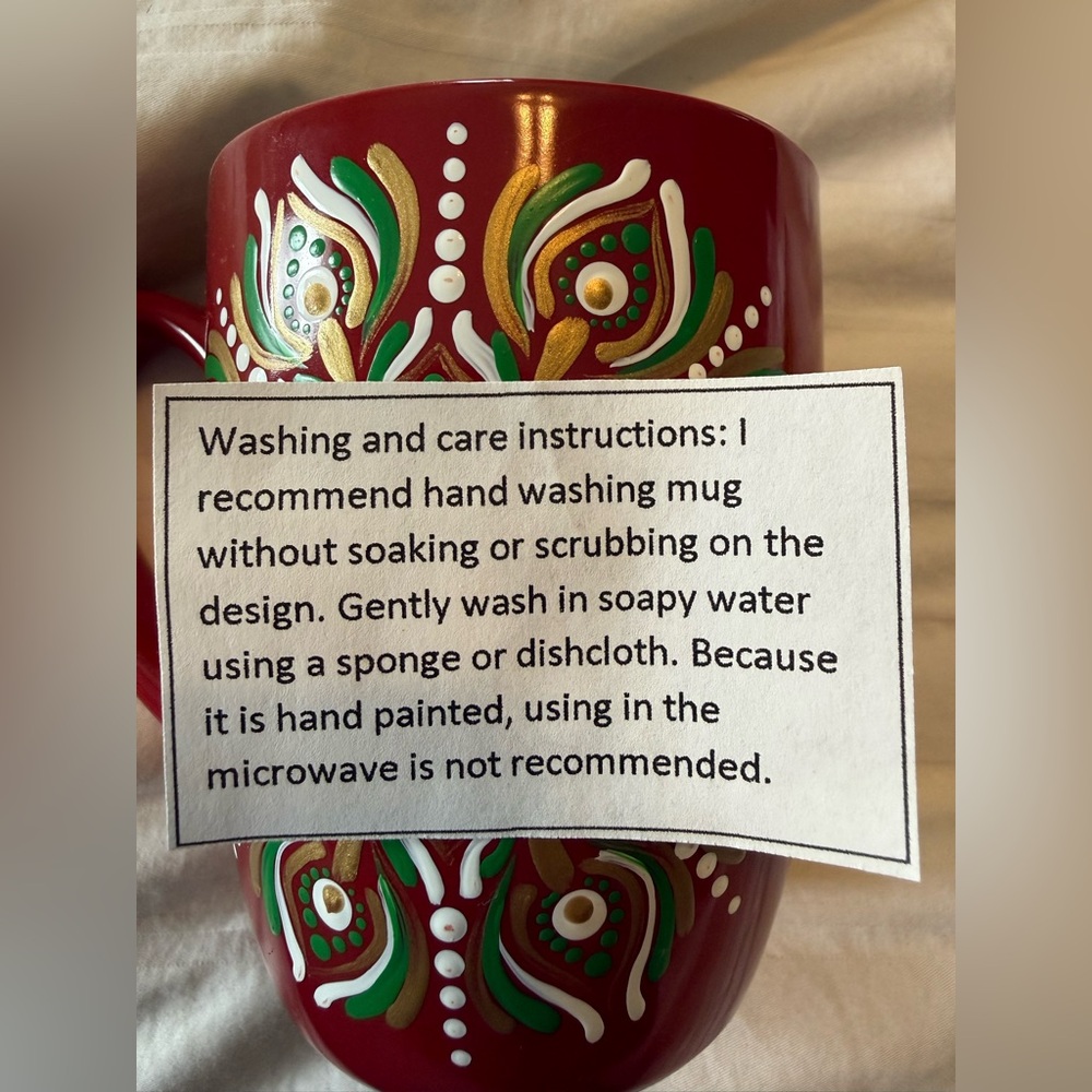 Hand painted mug with Intricate Gold, White and Green Design - Picture 2 of 3